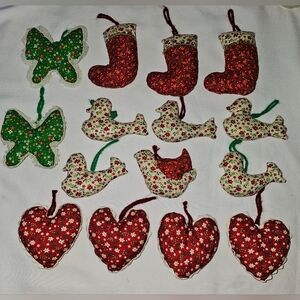 Lot Of 15 Vintage Homemade Fabric Christmas Ornaments Hand Stitched Birds Hearts
